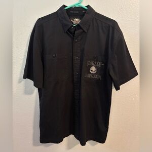 Harley Davidson Button Embroidered Flaming Skull Shirt Motorcycle Bike Sz Med